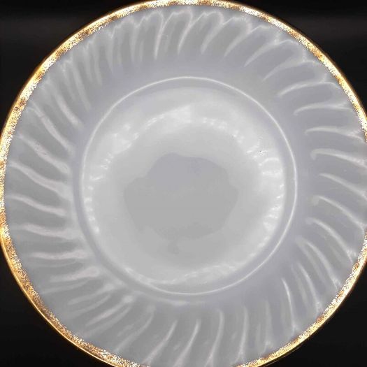 PRICE DROP ... Vintage Fire King White Swirl Creamer, Sugar Bowl and Cake Plate Set with Gold Trim, Opaque White Milk Glass. 1950s