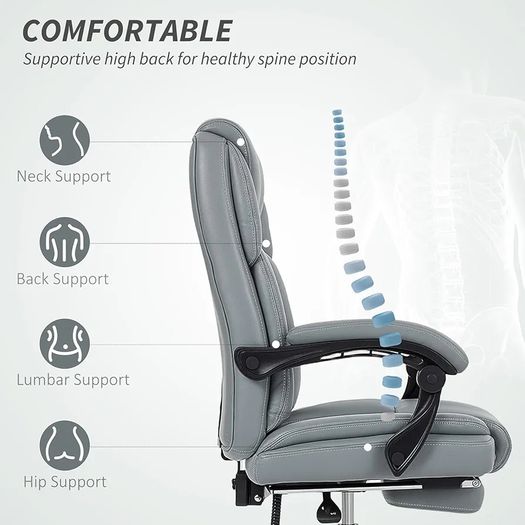 Office Chair, Reclining Executive Desk Chair with Spring Cushion, PU Leather, High Back, Footrest, Adjustable Height, Swivel Wheels, Grey