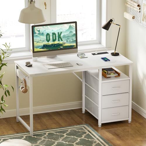 120cm Computer Desk with Drawers,Office 2 Sockets & USB Ports, Reversible PC Table with Storage, Study Table for Home & Bedroom, White