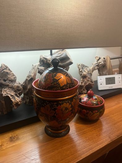 Vintage Khokhloma Hand Painted Wooden Tea & Sugar