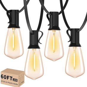 Outdoor String Lights Mains Powered 60FT, Festoon Light Waterproof with 30+1 LED Plastic Bulbs, ST38 Hanging Lighting for Outside Patio Cafe Indoor Party 2700K Warm White