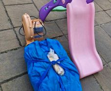 Bouncing castle blowers and childrens slide and bouncing castle slightly  stained and a few tiny hole thats easly fixed a bargain
