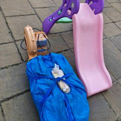 Bouncing castle blowers and childrens slide and bouncing castle slightly  stained and a few tiny hole thats easly fixed a bargain