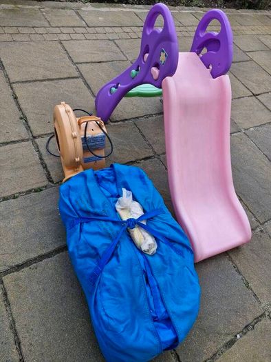 Bouncing castle blowers and childrens slide and bouncing castle slightly  stained and a few tiny hole thats easly fixed a bargain