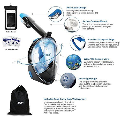 Snorkel Mask Full View 180 Degree Full Face Snorkeling Snorkel Masks Diving Mask Adult and Child Safety Diving with Action Camera Slot
