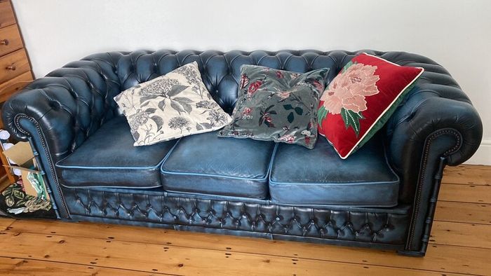 Chesterfield Blue Leather Couch Suite