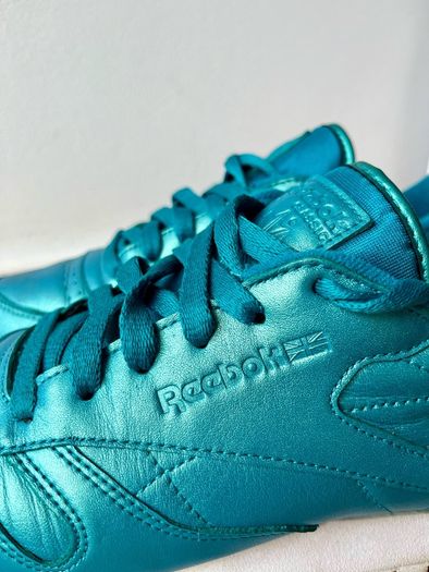 Metallic teal leather rebook trainers, uk5