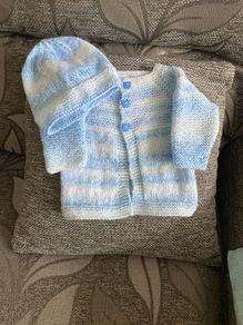 Blue and white cardigan and hat 6 to 9 mths