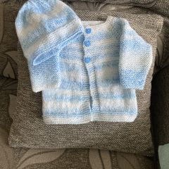 Blue and white cardigan and hat 6 to 9 mths