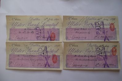 Lot Of Old Ulster's Bank Cheques From (1892-1895)