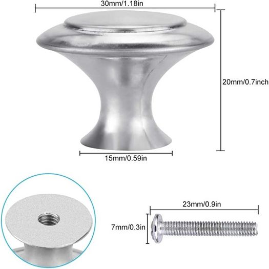 20 PCS Kitchen Door Knobs Stainless Steel Cupboard Handles Round Mushroom Door Pull Handle Knobs Polished Wardrobe Door Knobs Drawer Knobs with Screws for Drawer Door Cupboard (FREE POSTAGE)