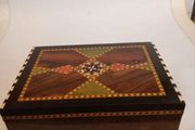 Vintage Spanish Lacquered Inlay Marquetry Mosaic Storage Box