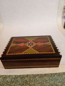 Vintage Spanish Lacquered Inlay Marquetry Mosaic Storage Box