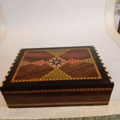 Vintage Spanish Lacquered Inlay Marquetry Mosaic Storage Box