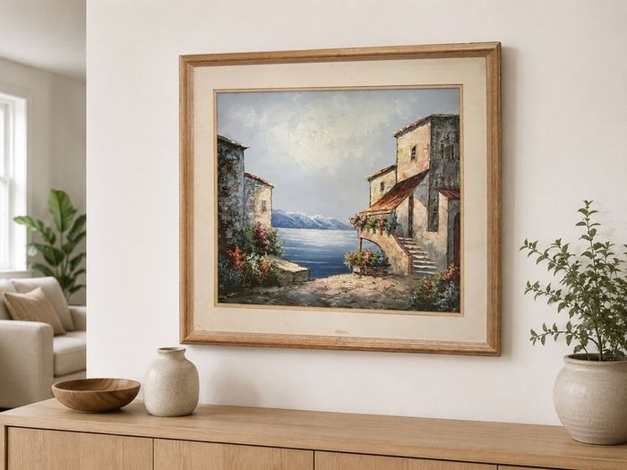 Large Framed Mediterranean Coastal Village painting. Signed Jones