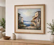 Large Framed Mediterranean Coastal Village painting. Signed Jones