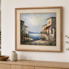 Large Framed Mediterranean Coastal Village painting. Signed Jones
