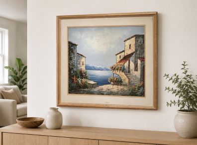 Large Framed Mediterranean Coastal Village painting. Signed Jones