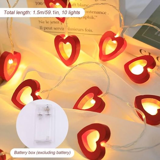 Warm White Wooden Heart String Lights, 1.5m 10 LED Battery Powered Fairy Lights for Valentine's Day Wedding Mother's Day Anniversary Decor, Indoor Decorative String Lights (Red)