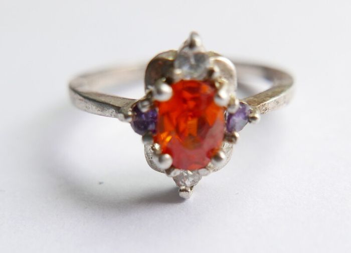 Vintage 925 Sterling Silver Ring with Central Orange Stone and Accent Stones