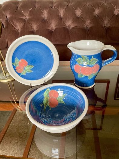 Vintage R and J Forrester Bandon Pottery Ireland Jug Sugar Bowl Plate Cobalt Blue Fruits Design