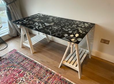 Glass Top Desk with Floral Design