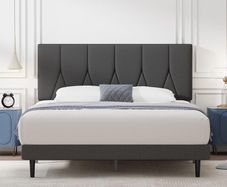 Small Double Bed Frame, Dark Grey, Upholstered Wooden Slat Bed Frame with Headboard, Easy Assembly, Underbed Storage, No Box Spring Needed 120x190