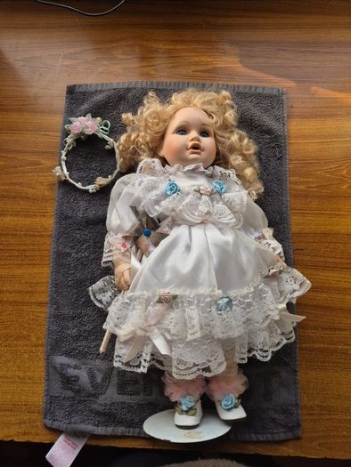 Vintage Irish Porcelain Doll with Flower Wreath and Pinwheel Vintage