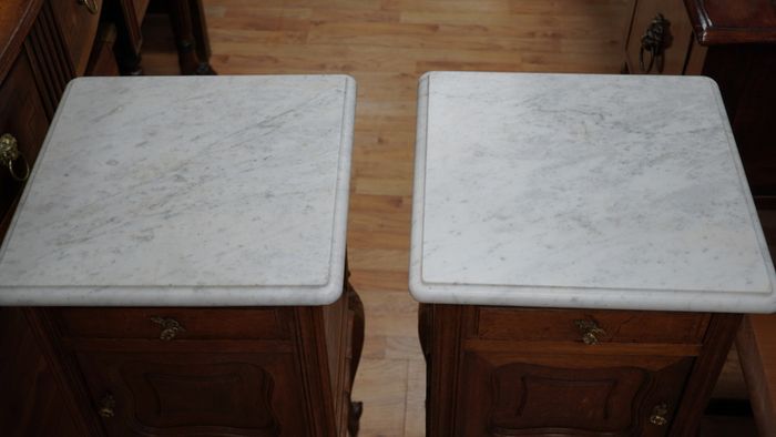 Pair of Antique Oak Marble Top Bedside Cabinets