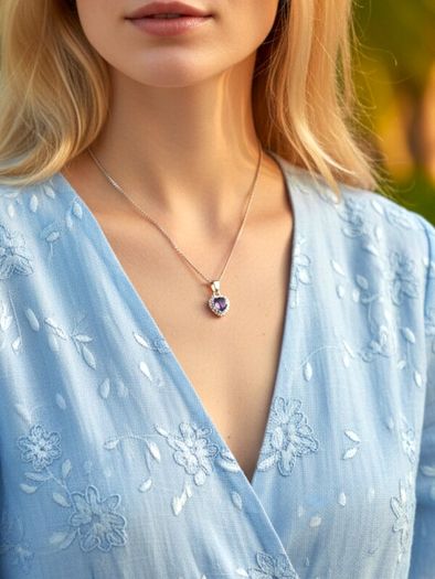 Tiny Amethyst Silver Heart On Italian Chain