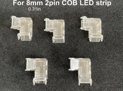 5pcs 90 Degree L-Shaped COB LED Strip Light Connectors, 8mm 2-Pin, Clear Plastic,