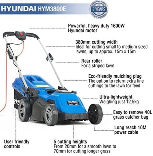 1600W 230V Corded Electric Rotary Lawnmower With Rear Roller, 38cm Cutting Width, Mulching, 30L Grass Box, 5 Cutting Heights, 10M Power Cable (FREE POSTAGE)