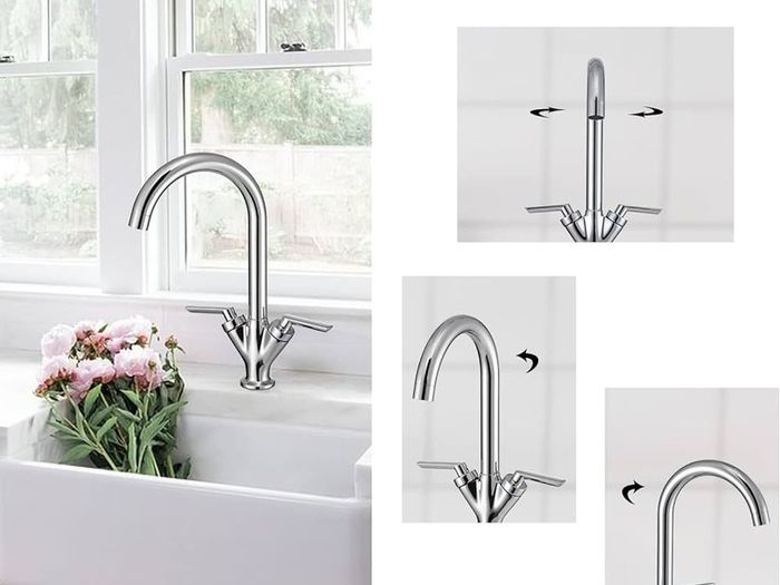 NEW SALE | Kitchen Sink Mixer Taps Monobloc Swivel Spout Chrome Brass Dual Lever with Hoses