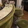 Vintage 1970s Home Bar Set, Curved Green Velvet Bar, Mirrored Back Bar and 3 Stools Image 2