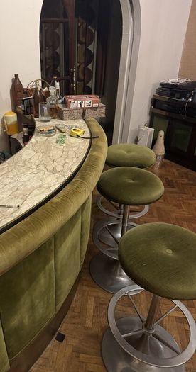 Vintage 1970s Home Bar Set, Curved Green Velvet Bar, Mirrored Back Bar and 3 Stools