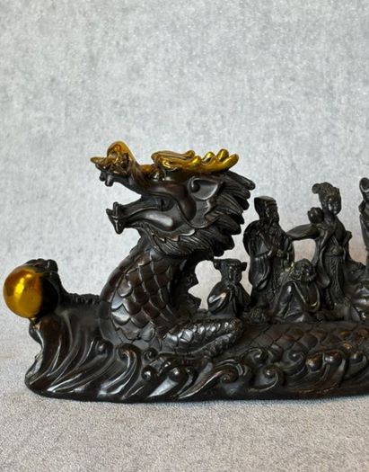 Antique Eight Immortals Dragon Boat - Patinated Bronze, Gold Accents, Signed