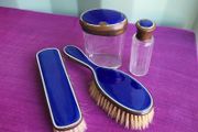 Vintage Glass &amp; Cornflower Blue Enamel vanity set.