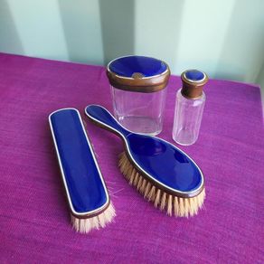 Vintage Glass & Cornflower Blue Enamel vanity set.