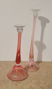 Vintage pink art glass candlesticks x 2