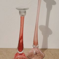 Vintage pink art glass candlesticks x 2