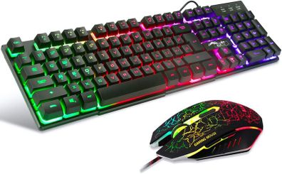 Multiple Color Rainbow LED Backlit Mechanical Feeling USB Wired Gaming Keyboard and Mouse Combo for Working or Games