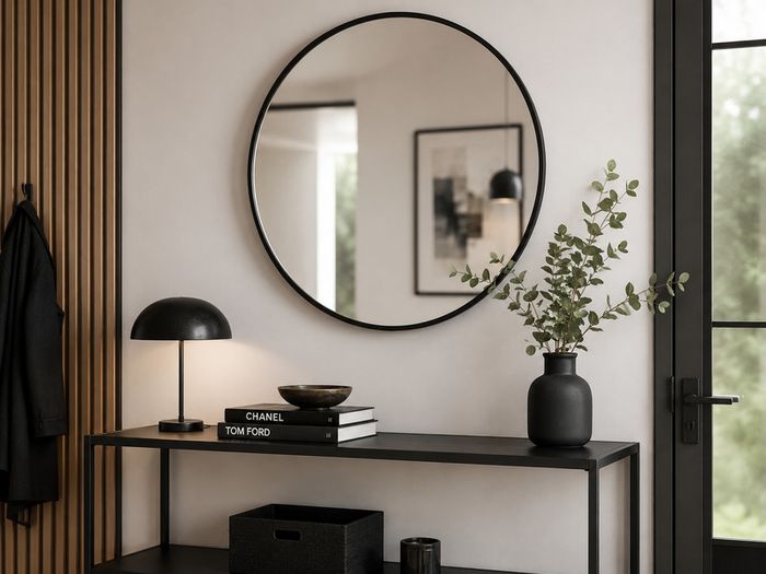 Black Round Wall Mirror 76 cm Modern Bathroom Mirror Aluminium Frame Vanity Hallway Bedroom Living Room