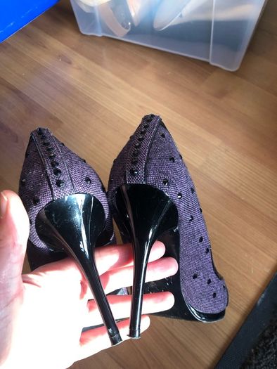 designer bourne stilettos purple tweed peep toe with black rhinestones and patent detail