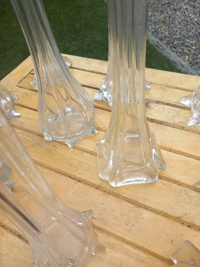 11 Art Noveau glass stem vases, bought in Vienna 70s, D18