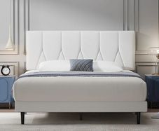 King Bed Frame, White, Upholstered Wooden Slat Bed Frame with Headboard, Easy Assembly, Underbed Storage, No Box Spring Needed 150 200