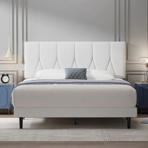 King Bed Frame, White, Upholstered Wooden Slat Bed Frame with Headboard, Easy Assembly, Underbed Storage, No Box Spring Needed 150 200