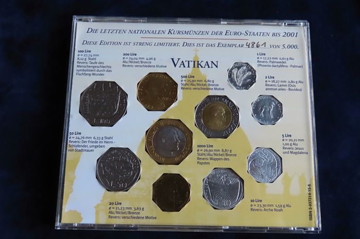 Vatican 10 coins set in CD case. Pope John Paul II 1000 & 500 Lire