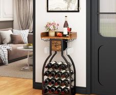 Wine Rack Freestanding Floor,Wine Storage 15 Bottles Bottle Rack with Glass Holders, Mini Bar Wine Cabinet with Storage Drawer