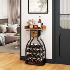 Wine Rack Freestanding Floor,Wine Storage 15 Bottles Bottle Rack with Glass Holders, Mini Bar Wine Cabinet with Storage Drawer for Home Bar Kitchen Dining Room,Rustic Brown,