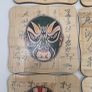 Vintage Chinese Opera Mask Bamboo Coasters Set of 6 with matching wood holder Image 2